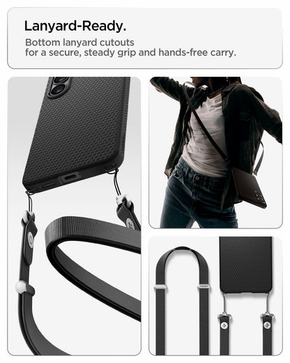 ACS11042 - Galaxy S26 Plus Liquid Air in Matte Black showing lanyard ready. Bottom lanyard cutouts for a secure steady grip and hands free carry