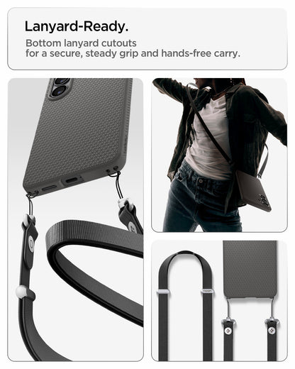 ACS11210 - Galaxy S26 Plus Liquid Air in Marble Gray showing lanyard ready. Bottom lanyard cutouts for a secure steady grip and hands free carry