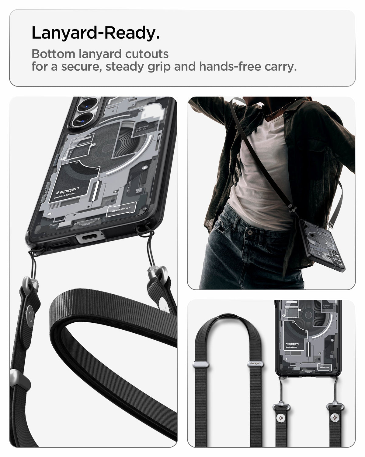 ACS10966 - Galaxy S26 Plus Case Ultra Hybrid Zero One (Mag Fit) Black showing lanyard ready. Bottom lanyard cutouts for a secure steady grip and hands free carry