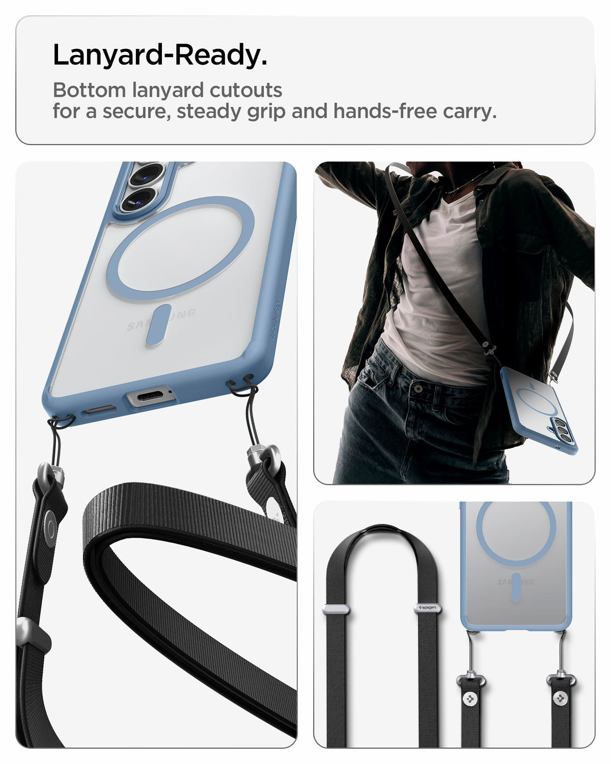 ACS11163 - Galaxy S26 Plus Case Ultra Hybrid (Mag Fit) Light Blue showing lanyard ready. Bottom lanyard cutouts for a secure steady grip and hands free carry