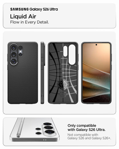 ACS11023 - Galaxy S26 Ultra Liquid Air in Matte Black showing flow in every detail about liquid air