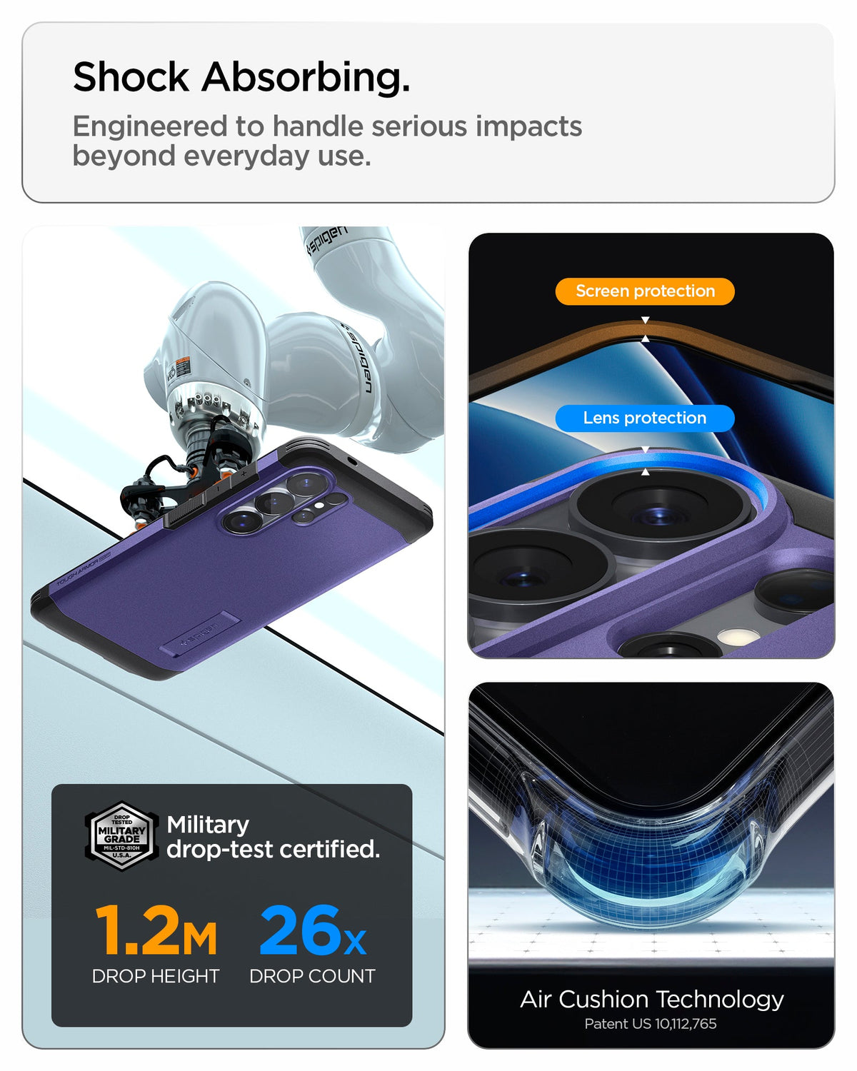 ACS11162 - Galaxy S26 Ultra Case Tough Armor (Mag Fit) Ash Violet showing shock absorbing. engineered to handle serious impacts beyond everyday use