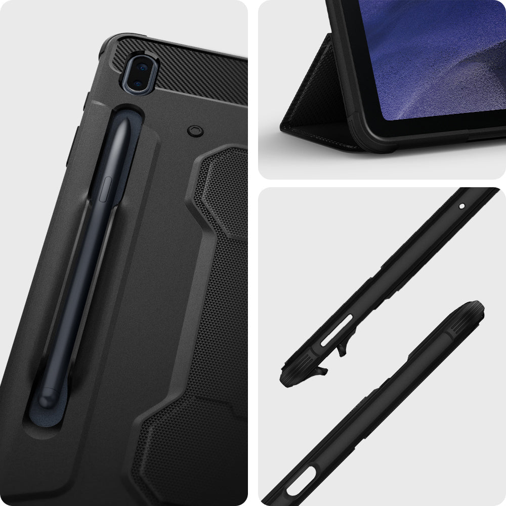 ACS03007 - Galaxy Tab S7 FE Case Rugged Armor Pro in black showing front, back, side and back.