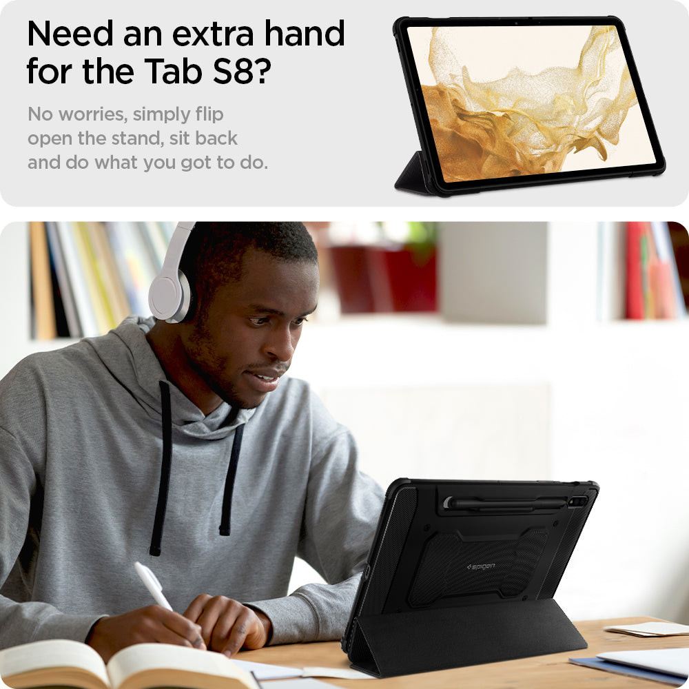ACS01604 - Galaxy Tab S8 Case Rugged Armor Pro in black need an extra hand for the tab s8? No worries, simply flip open the stand, sit back and do what you got to do