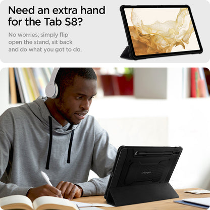 ACS01604 - Galaxy Tab S8 Case Rugged Armor Pro in black need an extra hand for the tab s8? No worries, simply flip open the stand, sit back and do what you got to do