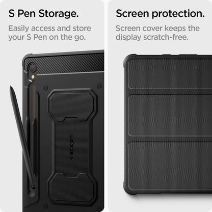 ACS06540 - Galaxy Tab S9 Case Rugged Armor Pro in black S pen storage. Easily access and store your S pen on the go. Screen protection. Screen cover keeps the display scratch free.