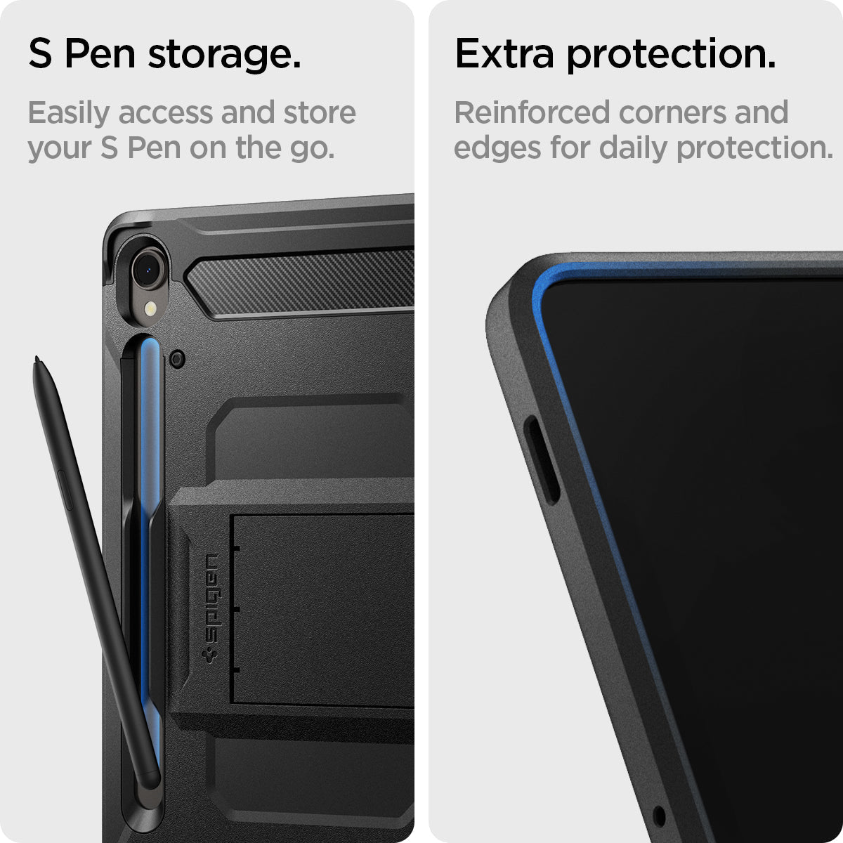 ACS06837 - Galaxy Tab S9 Case Tough Armor Pro in black s pen storage. Easily access and store your S pen on the go. Extra protection. Reinforced corners and edges for daily protection.