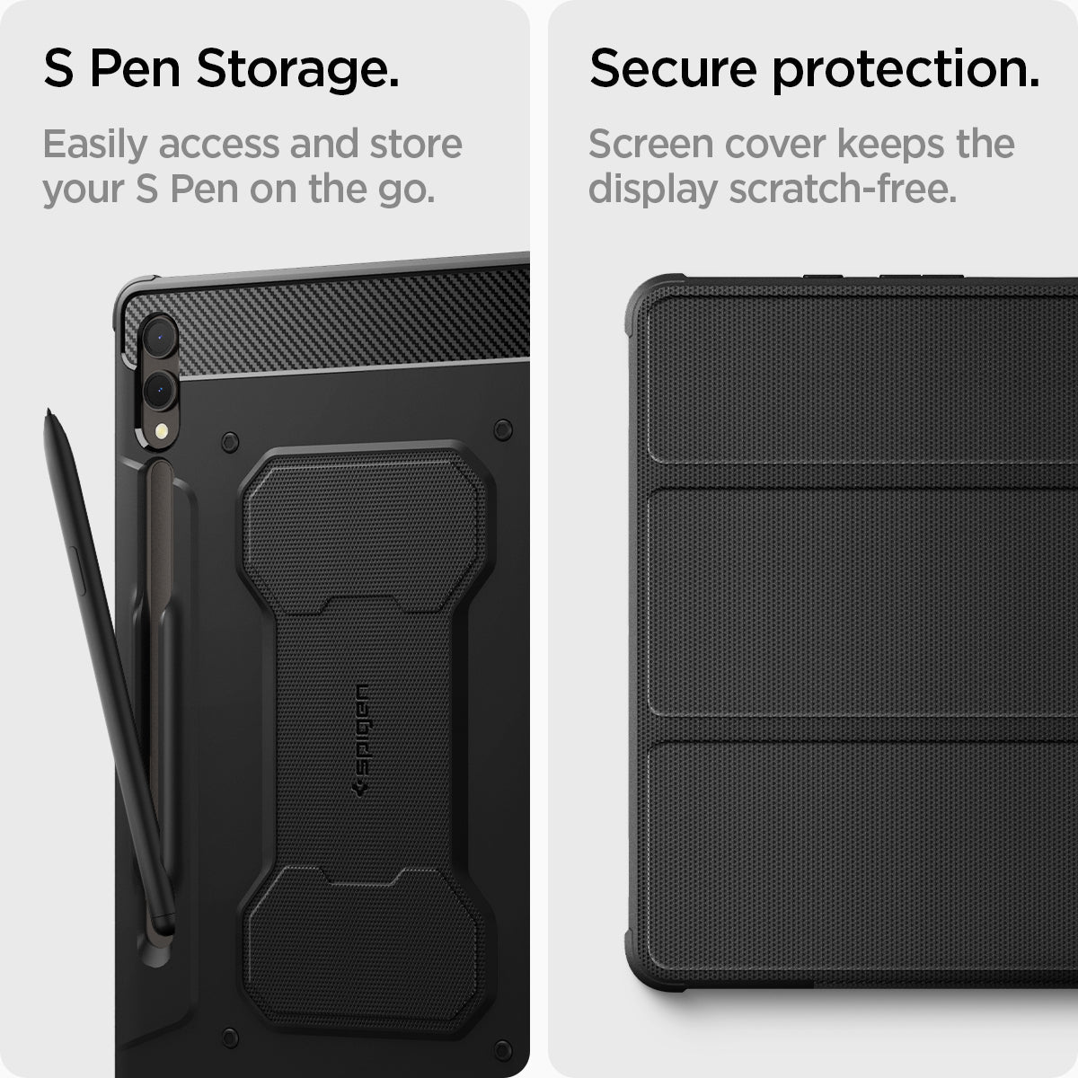 ACS06539 - Galaxy Tab S9+ Case Rugged Armor Pro in black S pen storage. Easily access and store your S pen on the go. Screen protection. Screen cover keeps the display scratch free.