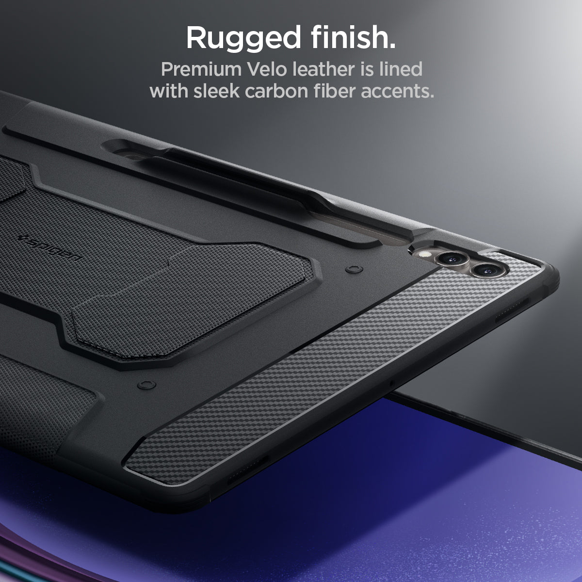 ACS06538 - Galaxy Tab S9 Ultra Case Rugged Armor Pro in black rugged finish. Premium velo leather is lined with sleek carbon fiber accents.