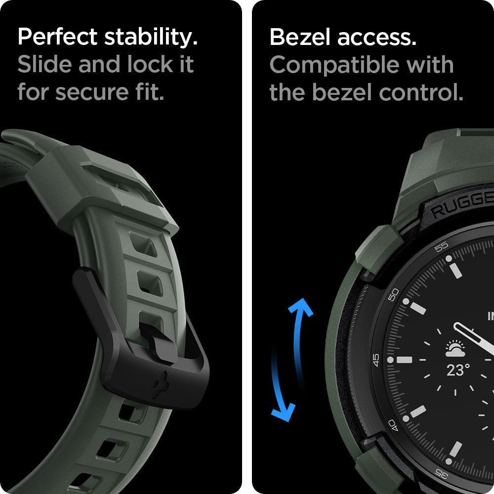 ACS04326 - Galaxy Watch 4 Classic (46mm) Case Rugged Armor Pro in military green bezel access. compatible with the bezel control. Perfect stability slide and lock it for secure fit.
