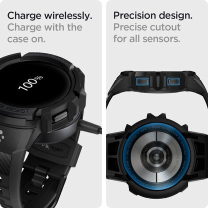 ACS03831 - Galaxy Watch 5/4 (40mm) Case Rugged Armor Pro in black charge wirelessly. Charge on with the case on. Precision design. Precise cutout for all sensors.