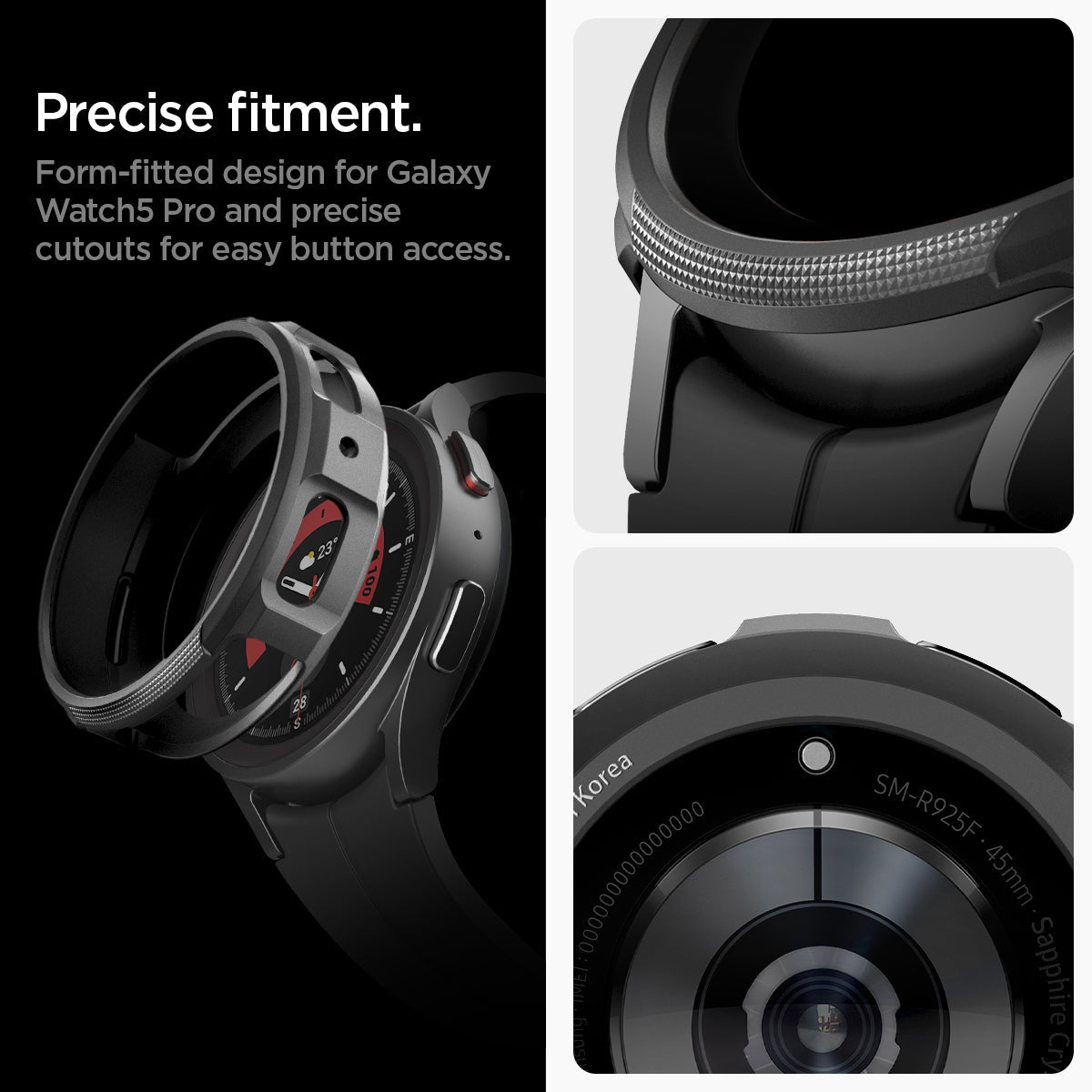 ACS05185 - Galaxy Watch 5 Pro (45mm) Case Liquid Air in matte black precise fitment. form fitted design for galaxy watch 5 pro and precise cutouts or easy button access.