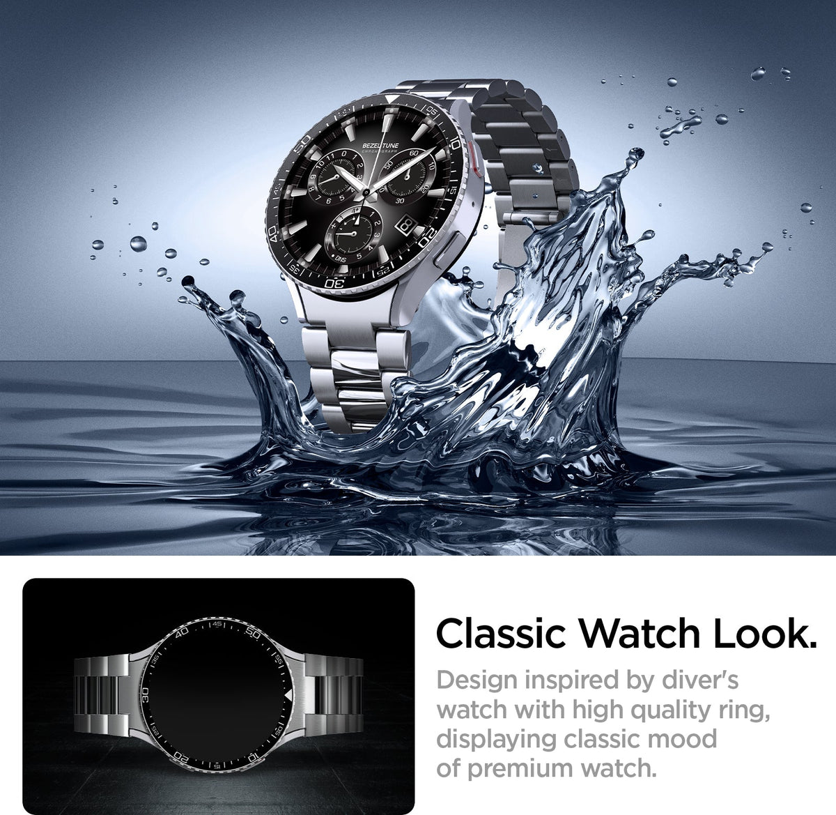 ACS06865 - Galaxy Watch 6 (44mm) Bezel Tune in black classic watch look. design inspired by driver's watch with high quality ring, displaying classic mood of premium watch.