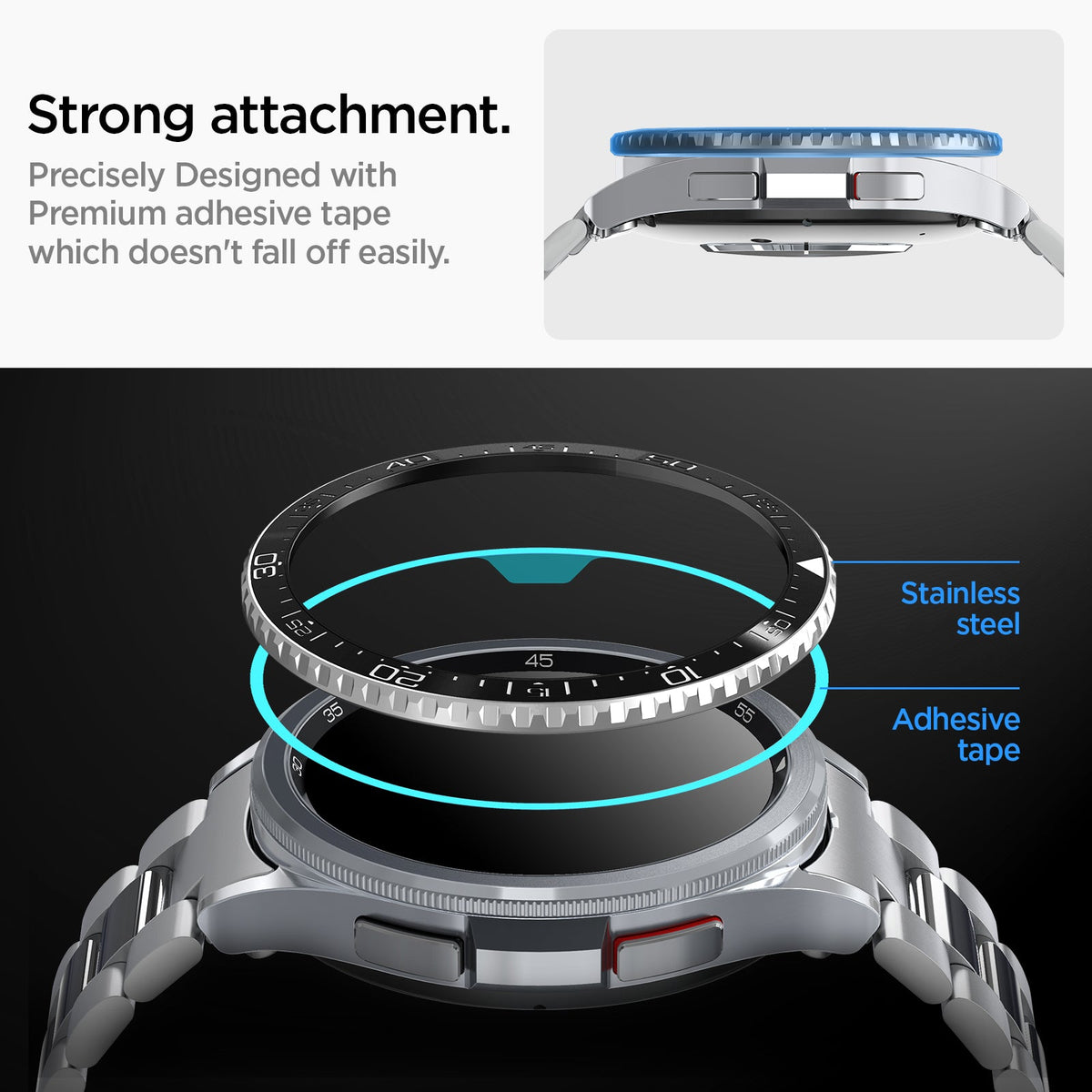 ACS06863 - Galaxy Watch 6 Classic (43mm) Bezel Tune in black strong attachment. precisely designed with premium adhesive tape which doesn't fall off easily. stainless steel. adhesive tape.