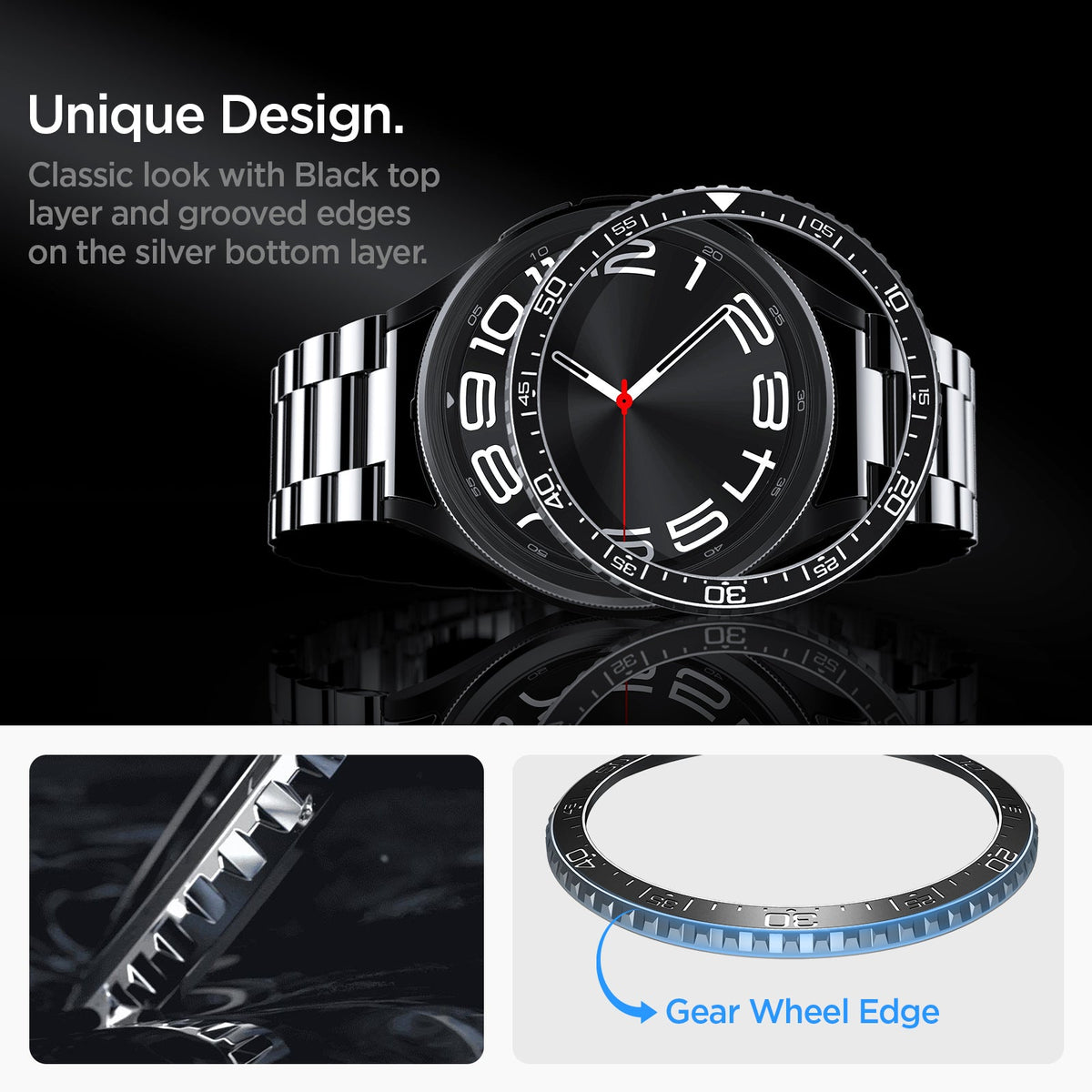ACS06864 - Galaxy Watch 6 Classic (47mm) Bezel Tune in black unique design classic look with black top layer and grooved edges on the silver bottom layer. gear wheel edge.
