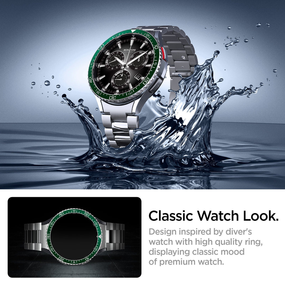 ACS07127 - Watch 6 Classic (47mm) Bezel Tune in Green classic watch look. design inspired by driver's watch with high quality ring, displaying classic mood of premium watch.