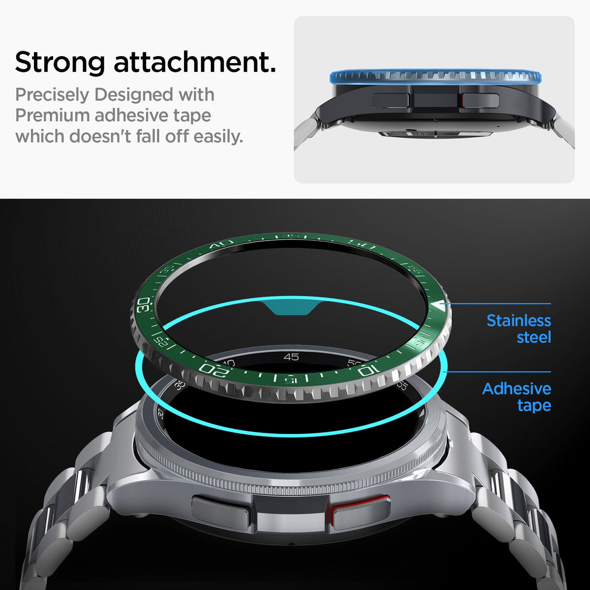 ACS07127 - Watch 6 Classic (47mm) Bezel Tune in Green strong attachment. precisely designed with premium adhesive tape which doesn't fall off easily. stainless steel. adhesive tape.