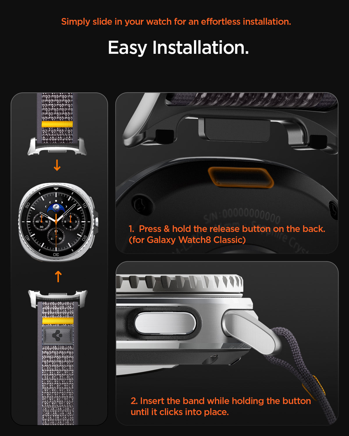 AMP10112 - Galaxy Watch 9 Series - Athlex Air in Active Gray showing the simply easy installation. Simply slide in your watch for an effortless installation. 1. Press & hold release button on the back (for Galaxy Watch8 Classic) 2. Insert the band while holding th