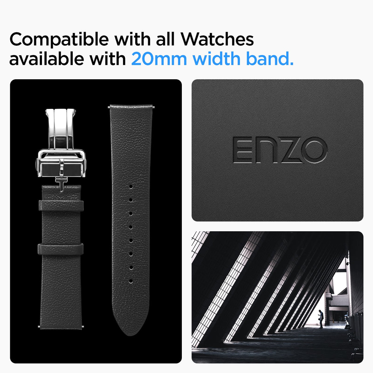 AMP06956 - Galaxy Watch Band Enzo (20mm) in black compatible with all watches available with 20mm width band.