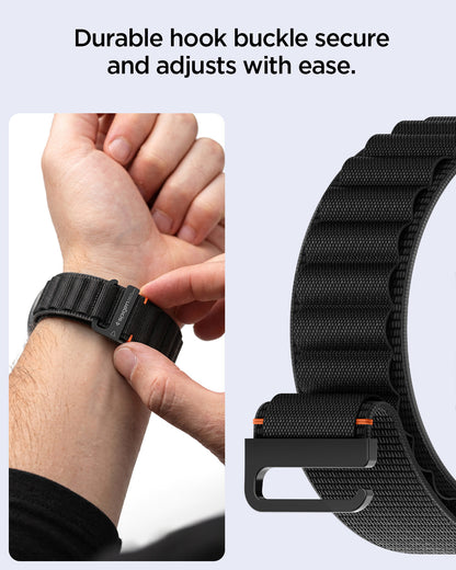 AMP11607 - Galaxy Watch 9 Series WBF1 showing hands adjusting the Galaxy Watch 9 band hook buckle on a wrist and a close-up of the buckle
