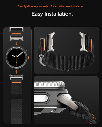 AMP10116 - Galaxy Watch 9 Series DuraPro Flex band in black showing the easy installation instructions