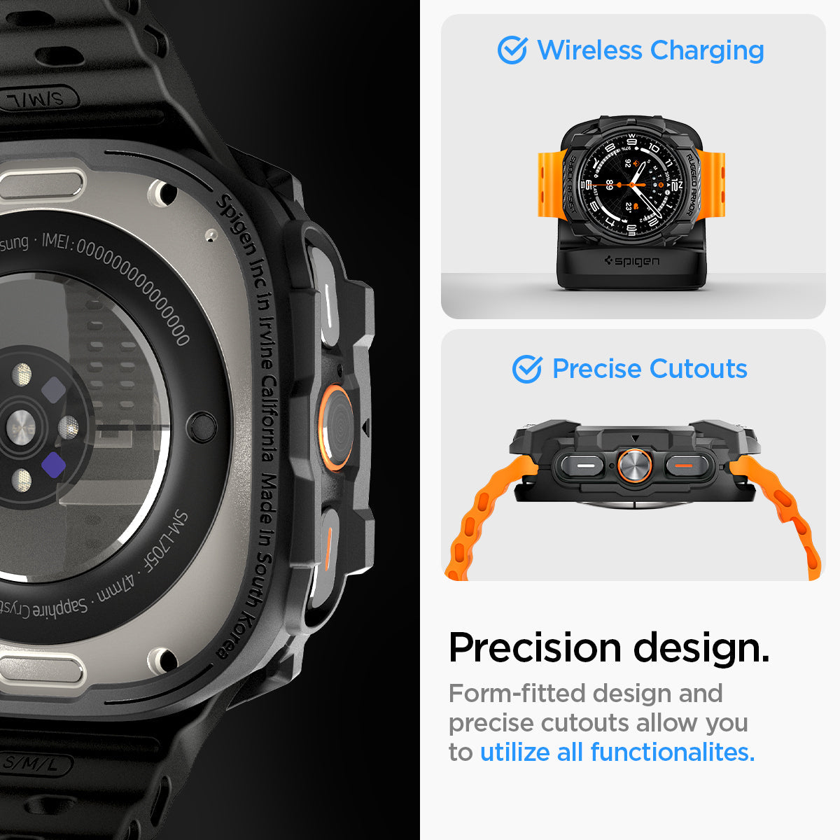 ACS08426 - Galaxy Watch Ultra (47mm) Rugged Armor in Matte Black wireless charging. precise cutouts. precision design. form fitted design and precise cutouts allow you to utilize all functionalites.