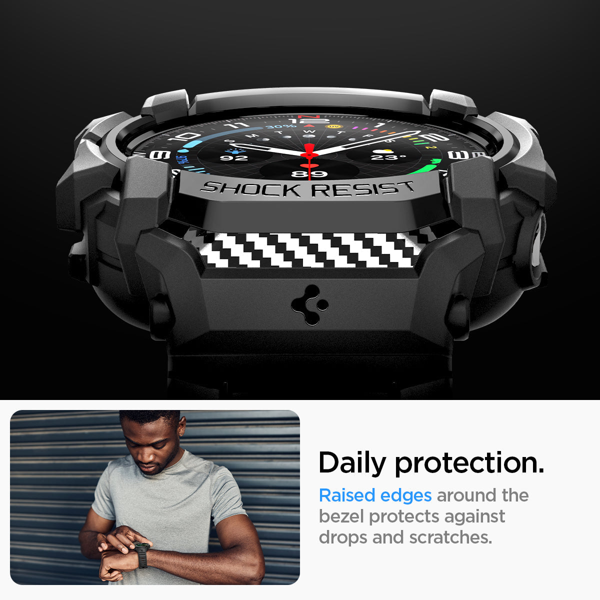 ACS08427 - Galaxy Watch Ultra (47mm) Rugged Armor Pro in Matte Black daily protection. raised edges around the bezels protects against drops and scratches.