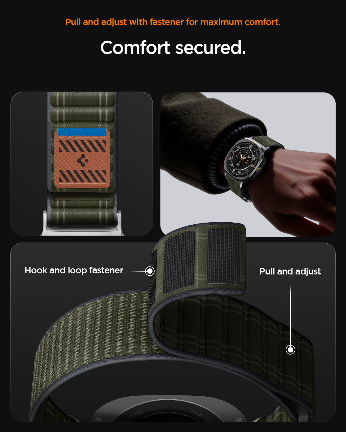 AMP10147 - Galaxy Watch Ultra WBF0 in green showing pull and adjust with fastener for maximum comfort. comfort secured