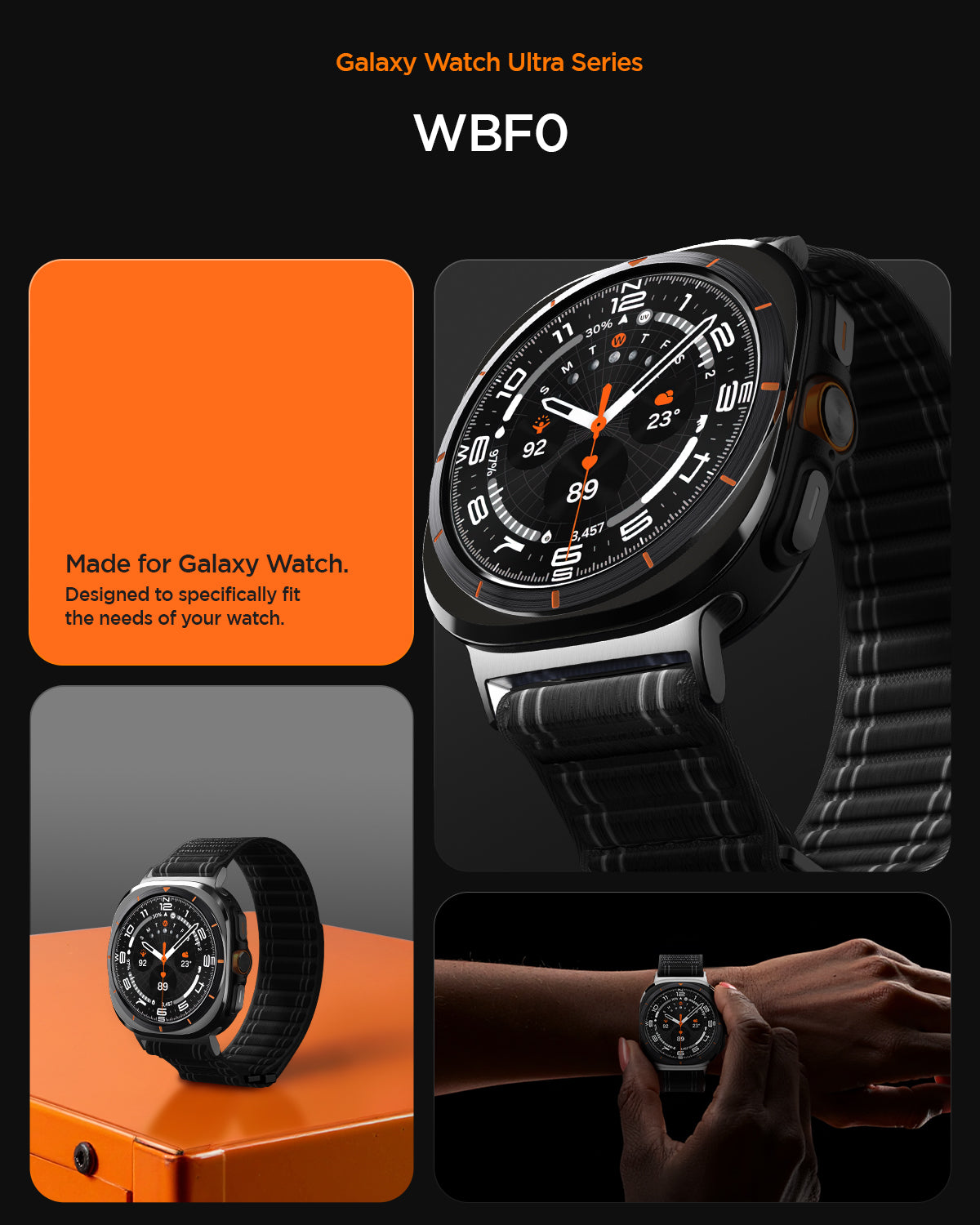 AMP10146 - Galaxy Watch Ultra WBF0 in black showing WBF0 made for galaxy watch. designed to specifically fit the needs of your watch