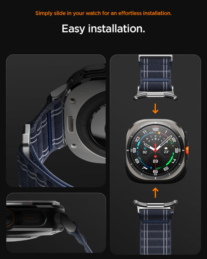 AMP10148 - Galaxy Watch Ultra WBF0 in navy showing simply slide in your watch for an effortless installation.