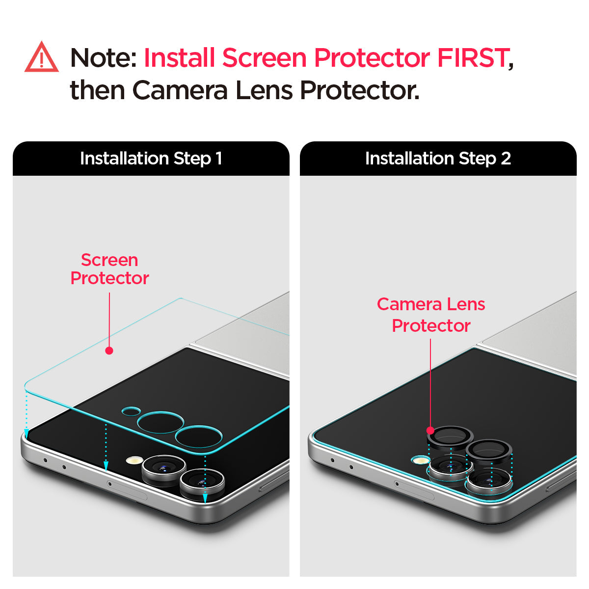 AGL09582 - Galaxy Z Flip 7 Screen Protector EZ Fit GLAS.tR showing the installation process. Install screen protector first and then the camera lens protector.