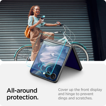 AGL09582 - Galaxy Z Flip 7 Screen Protector EZ Fit GLAS.tR showing the all around protection. Cover up the front display and hinge to prevent dings and scratches