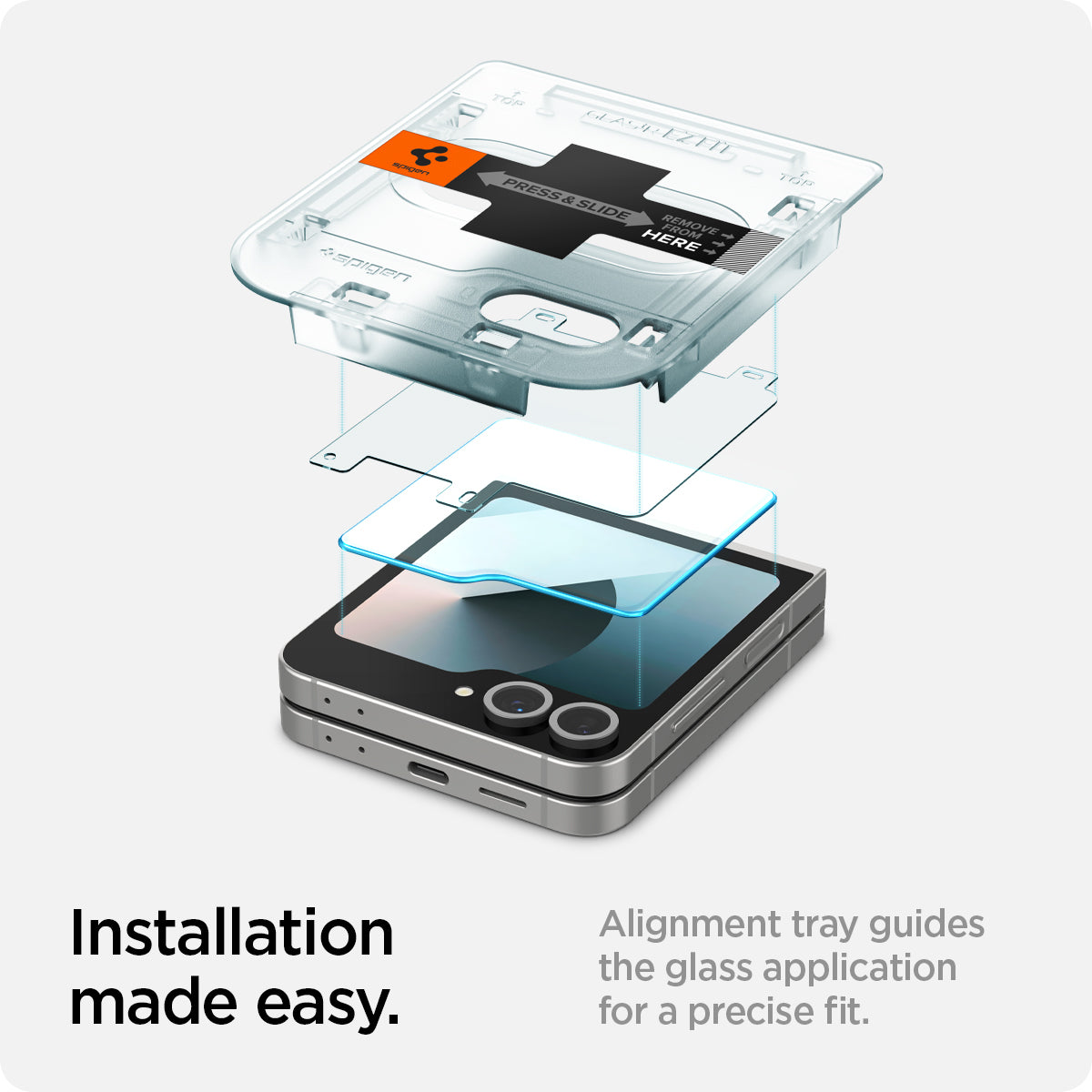 AGL07972 - Galaxy Z Flip 7 FE GLAS.tR EZ Fit showing the alignment tray guides the glass application for a precise fit