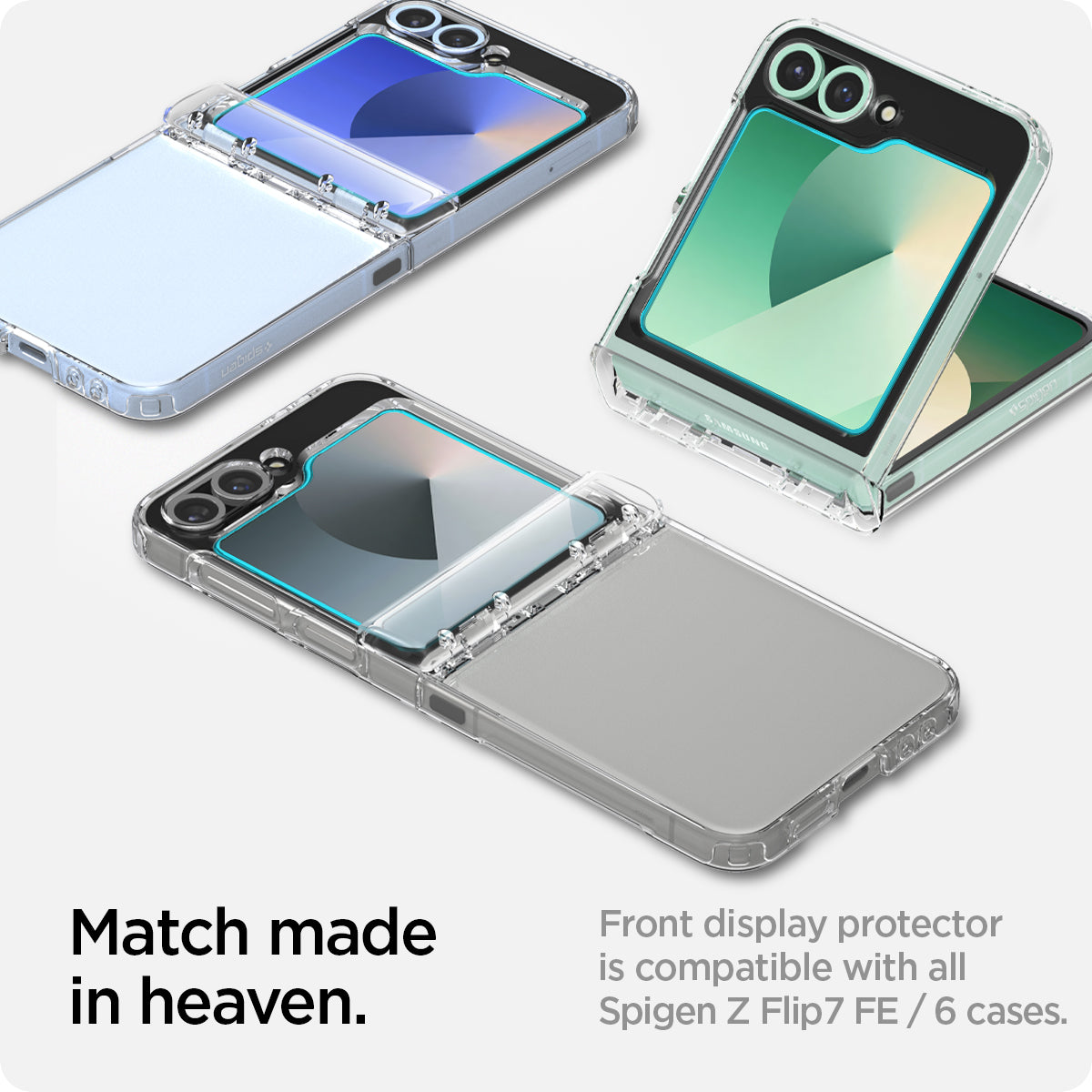 AGL07972 - Galaxy Z Flip 7 FE GLAS.tR EZ Fit showing the front display protector is compatible with all Spigen Z Flip FE cases