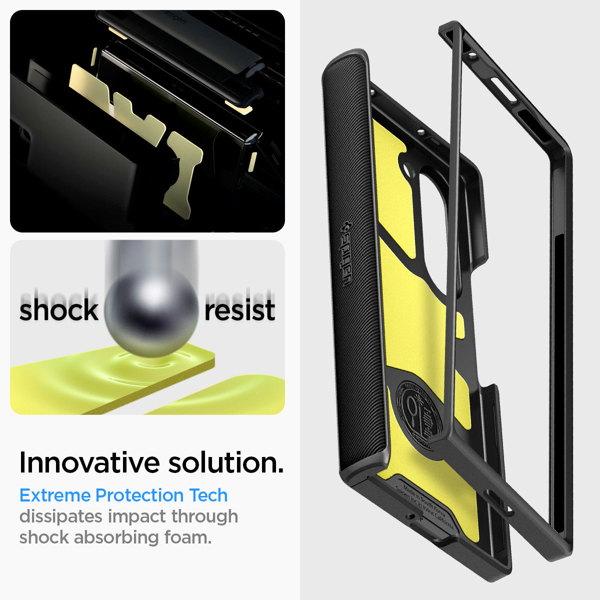 ACS07820 - Galaxy Z Fold 6 Case Slim Armor Pro in Black showing the innovative solution. Shock resist. Extreme Protection Tech, dissipates impact through shock absorbing foam