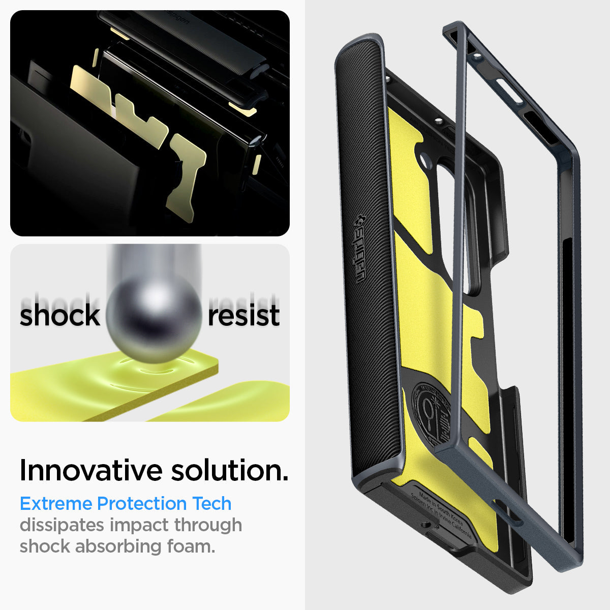 ACS08286 - Galaxy Z Fold 6 Case Slim Armor Pro in Metal Slate showing the innovative solution. Shock resist. Extreme Protection Tech, dissipates impact through shock absorbing foam