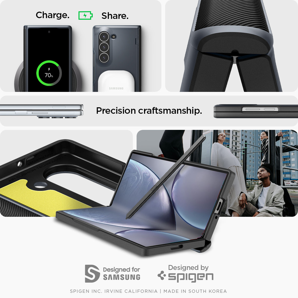 ACS08286 - Galaxy Z Fold 6 Case Slim Armor Pro in Metal Slate showing the different angles and charging options