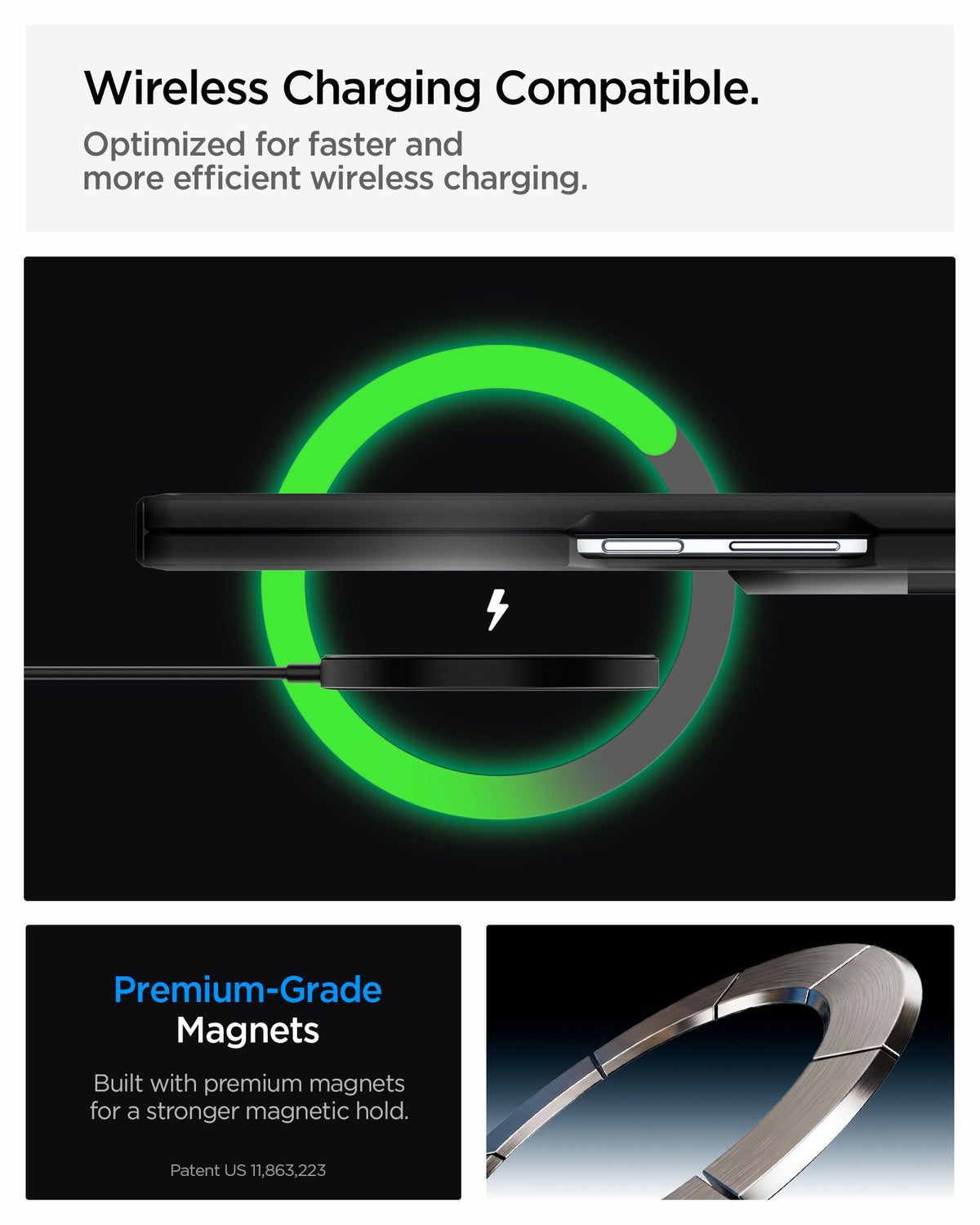 ACS11499 - Galaxy Z Fold 8 Ultra Tough Armor Pro (Mag Fit) Black showing it is wireless charging compatible. Optimized for faster and more efficient wireless charging.
