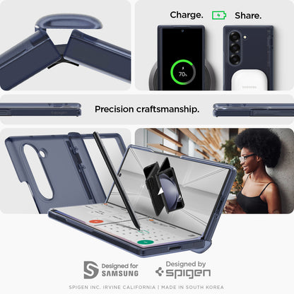 ACS08281 - Galaxy Z Flip 6 Case Ultra Hybrid Pro in Frost Navy Blue showing the precision craftsmanship, with different charging option