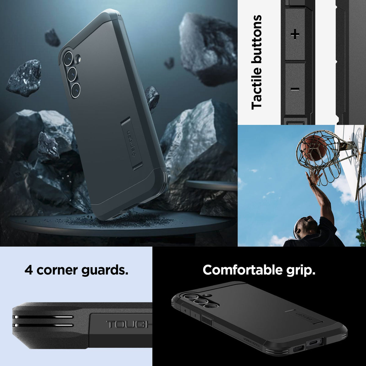 ACS06364 - Galaxy S23 FE Case Tough Armor in black 4 corner guards. Comfortable grip. Tactile buttons.