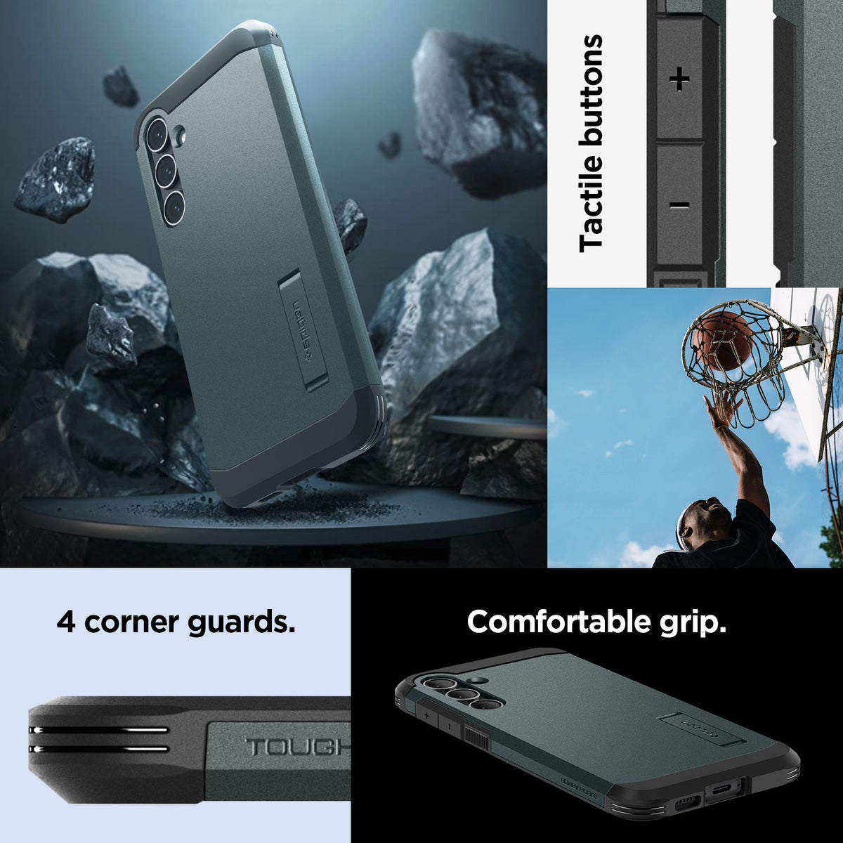 ACS06365 - Galaxy S23 FE Case Tough Armor in abyss green 4 corner guards. Comfortable grip. Tactile buttons.