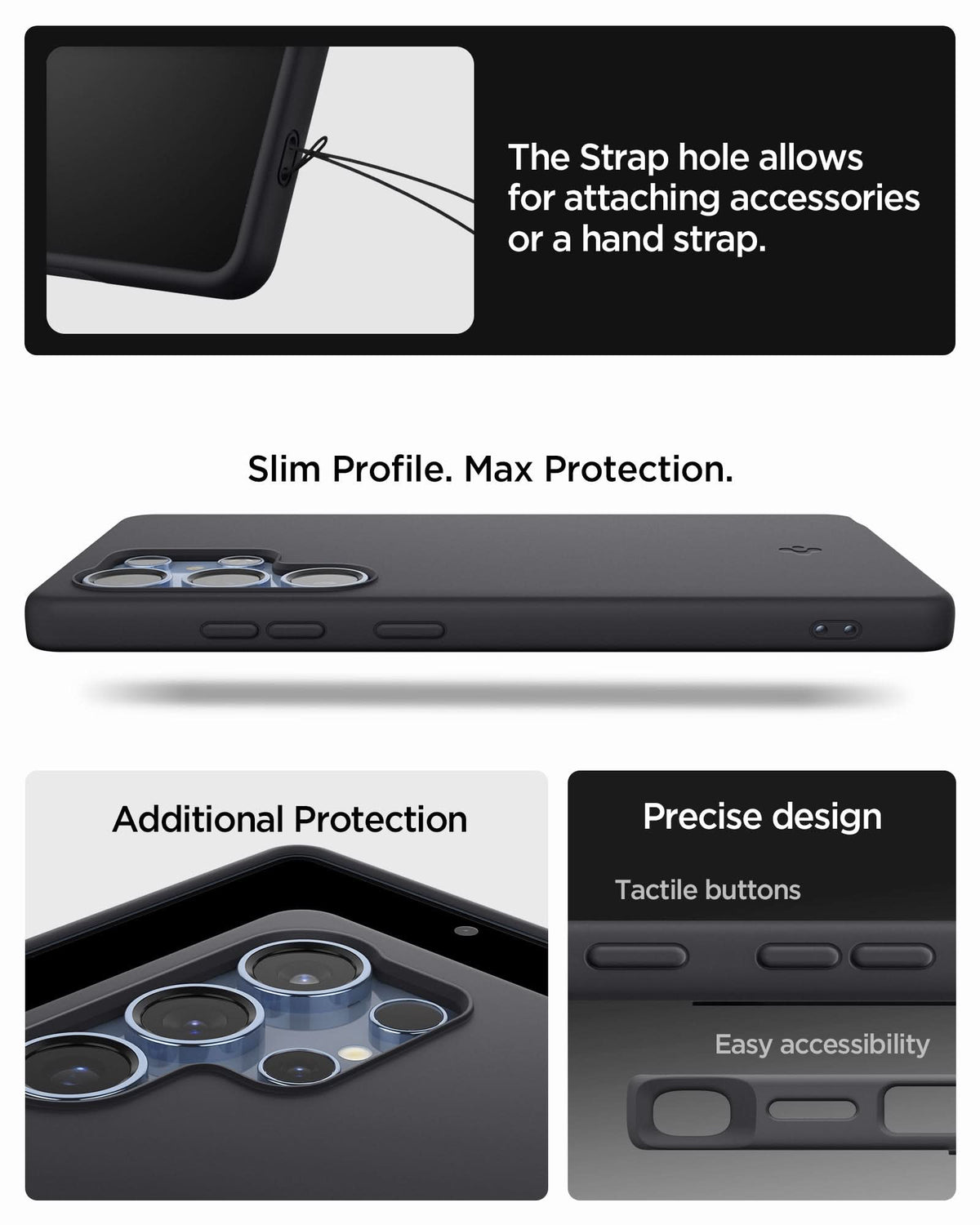 ACS09017 - Galaxy S25 Ultra Case Silicone Fit (MagFit + Qi2 Ready) in Black showing the strap hole allows for attaching accessories or a hand strap. Slim Profile. Max Protection. Additional Protection, Precise design - tactile buttons and easy accessibility
