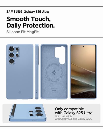 ACS09018 - Galaxy S25 Ultra Case Silicone Fit (MagFit + Qi2 Ready) in Sapphire Blue showing the smooth touch daily protection. Silicone Fit MagFit. Only compatible with Galaxy S25 Ultra and not compatible with Galaxy S25 and Galaxy S25+