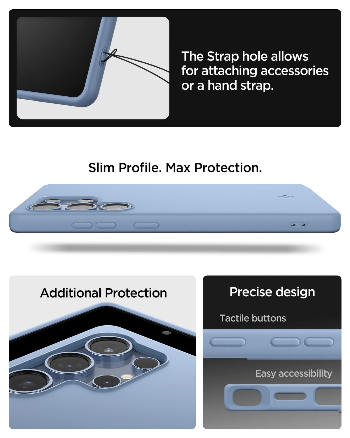 ACS09018 - Galaxy S25 Ultra Case Silicone Fit (MagFit + Qi2 Ready) in Sapphire Blue showing the strap hole allows for attaching accessories or a hand strap. Slim Profile. Max Protection. Additional Protection, Precise design - tactile buttons and easy accessibility