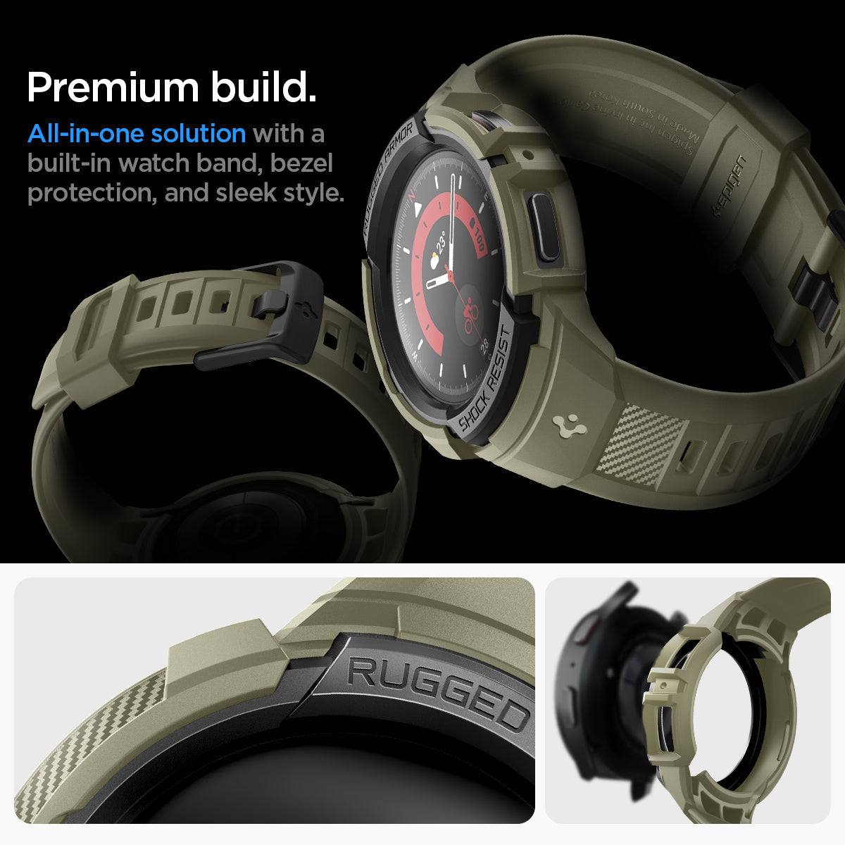 ACS05913 - Galaxy Watch 5 Pro (45mm) Case Rugged Armor Pro in vintage khaki premium build. all in one solution with a built in watch band, bezel protection, and sleek style.