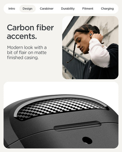 ACS09480 - Pixel Buds 2a Case Rugged Armor in black showing the carbon fiber accents. Modern look with a bit of flair on matte finished casing