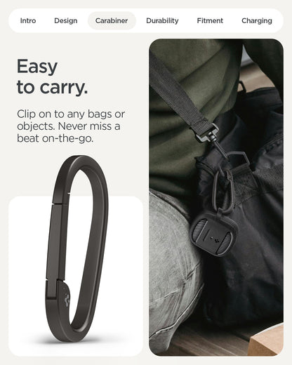 ACS09480 - Pixel Buds 2a Case Rugged Armor in black showing the easy to carry ability. Clip on to any bags or objects. Never miss a beat on the go
