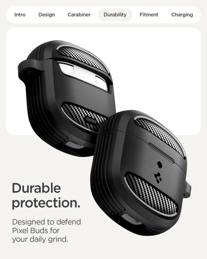 ACS09480 - Pixel Buds 2a Case Rugged Armor in black showing the durable protection. Designed to defend pixel buds for your daily grind