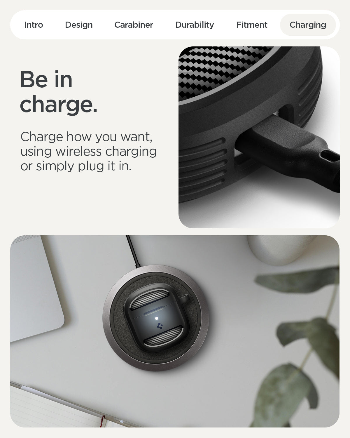 ACS09480 - Pixel Buds 2a Case Rugged Armor in black showing be in charge. Charge how you want using wireless charging or simply plug it in