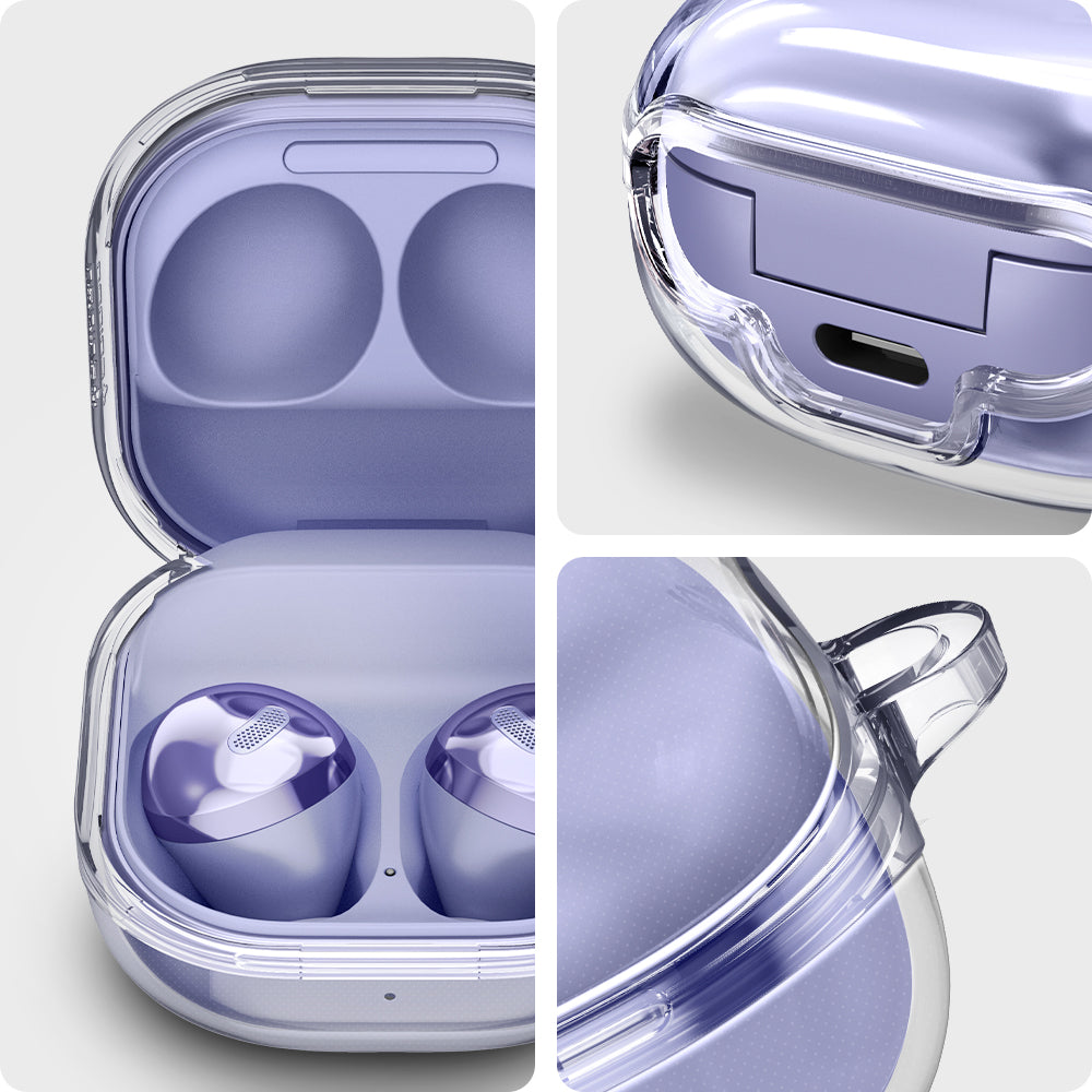 ASD02097 - Galaxy Buds 2 Pro / 2 / Pro / Live Case Ultra Hybrid in crystal clear showing case with top open and side part of the case.